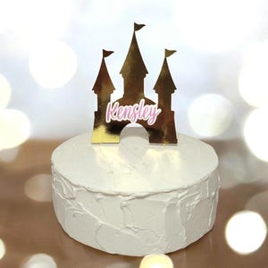 Personalized Gold Castle Cake Topper with Name  Custom Princess Fairy Tale Theme Royal Birthday Decoration
