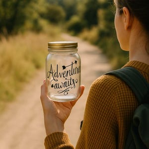 Adventure Awaits Travel Fund Jar with Coin Lid, Wedding, Honeymoon Savings Mason Jar, Adventure Travel Piggy Bank Bank, Saving for Vacation