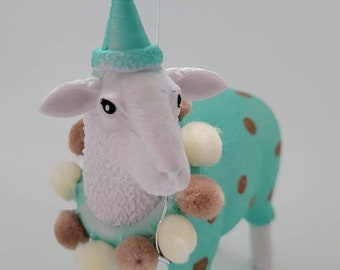 Farm Party Animal Cake Topper with Hat and Balloon, Barnyard Sheep Birthday Party Figurine, Old MacDonald Theme Sheep