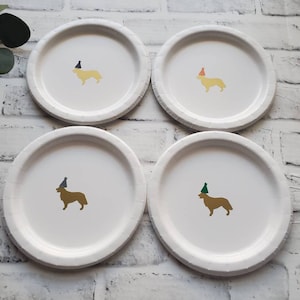 Dog Party Animal Plates and Cups , Golden Dog With Hat Puppy Theme Cake or Lunch Paper Plates, Golden Retriever Party Retriever Tableware