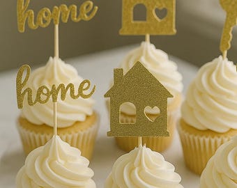 Décorations pour cupcakes de pendaison de crémaillère : maison scintillante dorée, clé, piques pour la maison (Ensemble de 12)