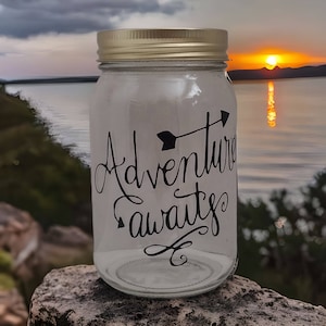 Travel Fund Jar with Money Slot, Trip Savings Mason Adventure Awaits Travel Jar To Save Cash, Wedding Honeymoon Money Jar for the Couple