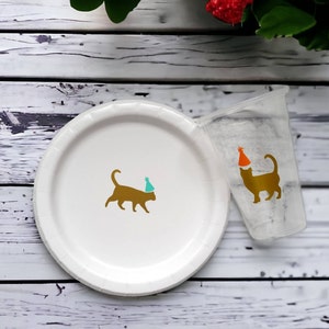 Ensemble d'assiettes et de gobelets en papier chat, fêtards minou, vaisselle de fête d'anniversaire sur le thème des chats, anniversaire pour les gens avec des chats, fête d'anniversaire de chat