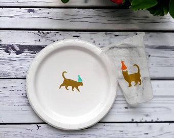 Cat Paper Plates and Cups Set, Kitty Party Animals Cat Theme Birthday Party Tableware, Birthday for Cat People, Cat Birthday Party