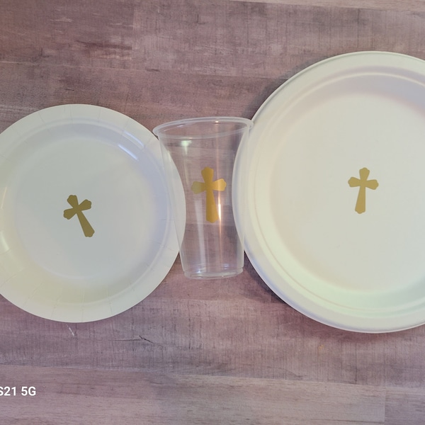 Baptism Paper Plate and Cup Set, Christening Tableware Set, Religious Celebration Plates and Cups for Church Gathering, Religious Birthday
