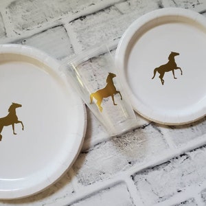 Horse Party Plate Set with Cups, 12 White Paper Plates with Gold Horse Image, Girl&#39;s Equestrian Horse Party