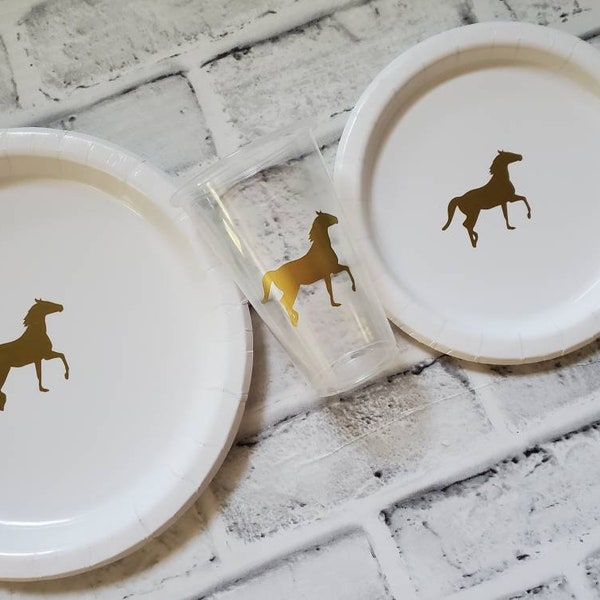 Horse Party Plate Set with Cups, 12 White Paper Plates with Gold Horse Image, Girl's Equestrian Horse Party