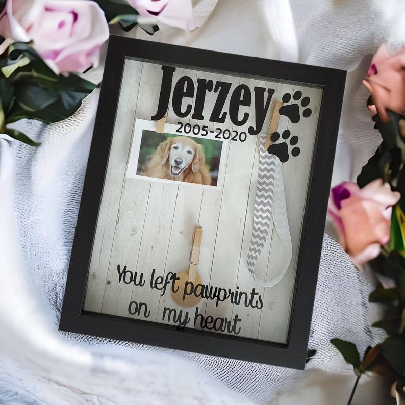 Custom Pet Memorial Shadow Box with Name and Date, 8x10 Dog Cat Memorial Box, Pet Loss Memory Box with three Areas for Picture, Collar, Etc image 2