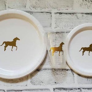 Racehorse Party Plate Set with Cups, 12 White Paper Plates with Gold Horses, Kentucky Derby Theme, Horse Party