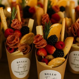 Personalized Birthday Charcuterie Cups for Foods, Snack Cups for Adult Party with Custom Labels for Appetizers, Minimalist Taste Cups