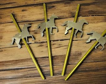 Gold Horse Straws, Racehorse Kentucky Derby Golden Beverage Straws, Equine Theme Straws for Parties, Horse Racing Party Drinking Staws