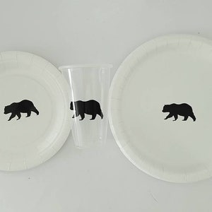 Bear Party Plates and Cups: Wild One Theme, Black or Brown Bear