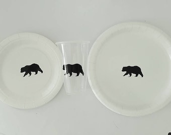 Wild One Plate and Cup Set, Black Bear or Brown Bear Tableware Set Wild Theme Paper Party Plates and Cups, Bear Birthday, Bear Baby Shower