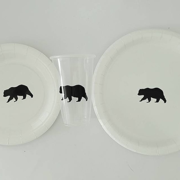 Wild One Plate and Cup Set, Black Bear or Brown Bear Tableware Set Wild Theme Paper Party Plates and Cups, Bear Birthday, Bear Baby Shower