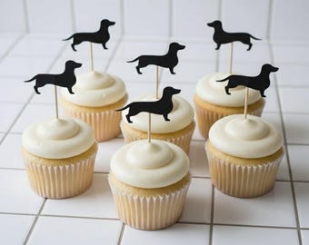 Dachshund Cupcake Toppers: Wiener Dog Party Food Picks Set of 12, Black or Brown