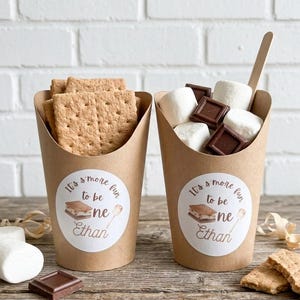 May include: Two brown paper cups filled with s'mores ingredients. One cup has graham crackers, the other has marshmallows and chocolate squares. Each cup has a sticker that says "It's more fun to be one Ethan". A wooden spoon is in one cup.