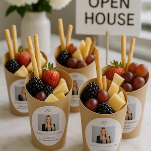 Personalized Realtor Picture Charcuterie Cups with Custom Labels for Open House, Professional Business Snack Cups for Real Estate Agent