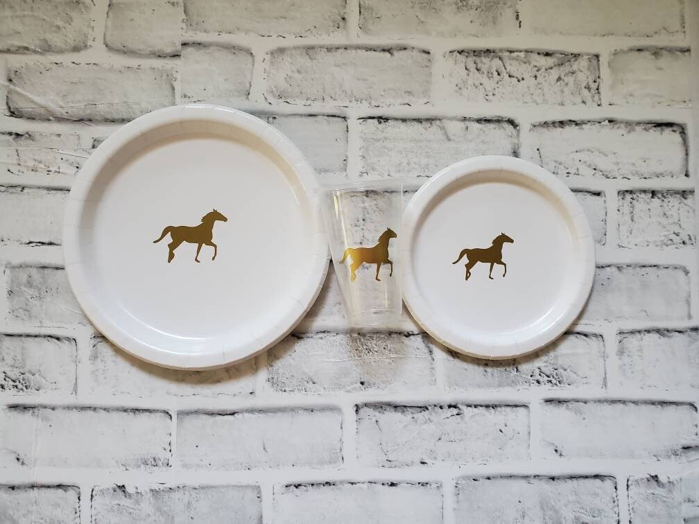 Racehorse Party Plate Set with Cups 12 White Paper Plates with Gold Horses Kentucky Derby Theme Horse Party