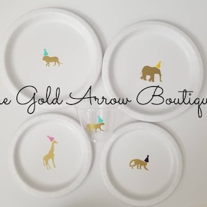 Safari Jungle Party Animal Paper Plate Set with Cups, Gold Safari Theme Wild Animals with Hats, Wild One Party Tableware