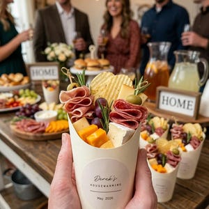 Personalized Housewarming Party Charcuterie Cups: Custom New Home Appetizer Snack Cups with Minimalist Script