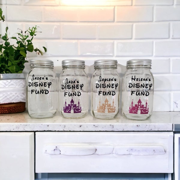 Pot Mason personnalisé pour les vacances en famille Disney avec couvercle, Fonds pour les vacances Disney avec nom, pot pour pièces économies voyage Disney, cadeau Disney