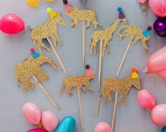 Safari Party Tiere mit Hüten Cupcake Picks, 12 Wild One Gold Food Toppers, Wild Safari Geburtstagsparty Cupcake Toppers, Baby Shower