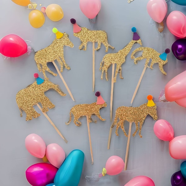 Safari Party Animals with Hats Cupcake Picks, 12 Wild One Gold Food Toppers, Wild Safari Birthday Party Cupcake Toppers, Baby Shower