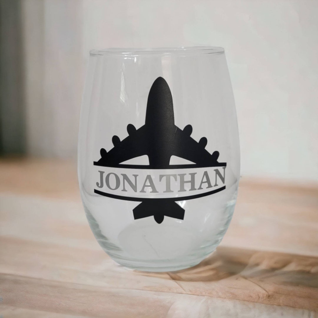 Personalized Airplane Wine Glass With Name Custom Stemless Wine Glass