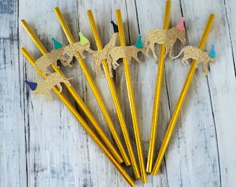 Golden Safari Glitter Straws Party Animals with Hats - Jungle Party Gold Straws - Wild Animals Birthday Straws - Wild ONE Safari