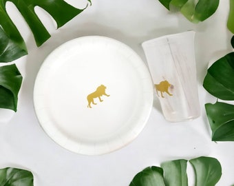 Golden Safari Theme Party Cake Plate Set, 12 Safari Large or Small Plates and Cups, White, Pink Plates, Baby Shower Paper Plate Set