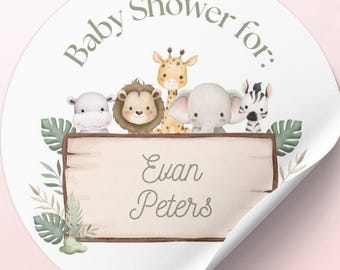 Adesivos personalizados para chá de bebê Safari: Etiquetas de lembrancinhas com tema de animais da selva