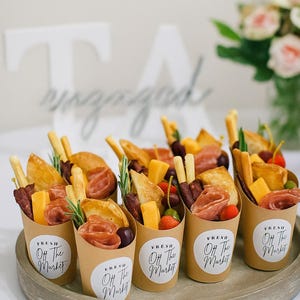 Personalized Charcuterie Cups Fresh Off The Market Snack Cups with Custom Labels for Engagement Parties, Bridal Showers, Bachelorette Party