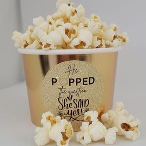 He Popped the Question, She Said Yes Glitter Stickers on Popcorn Containers, Engagement Party Favor Labels, Popcorn Snack Cups