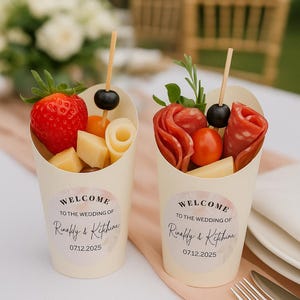 Personalized Wedding Charcuterie Cups for Snack Foods, Appetizer Cups with Custom Labels for Reception, Welcome to Our Wedding