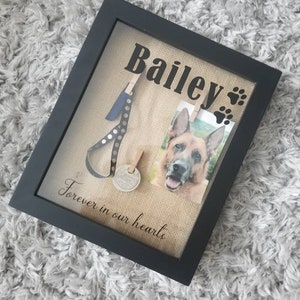 Custom Pet Memorial Shadow Box with Name and Date, 8x10 Dog Cat Memorial Box, Pet Loss Memory Box with three Areas for Picture, Collar, Etc image 1