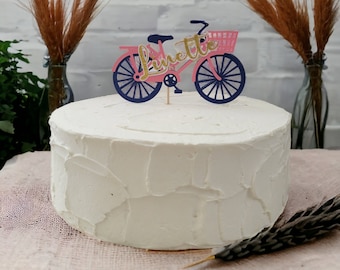 Bicycle Cake Topper,  Personalized Bike Theme Birthday Cake Decoration, Bicycle with Name Girl Cake Topper Biking Cake