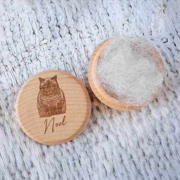 Personalized Fur Keepsake Mini Box with Lid, Small Wooden Round Bin, Portrait Wood Pet Image Memorial Gift, Loss of Pet