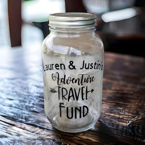 Travel Fund Savings Jar, Personalized Glass Mason Money Bank with Lid for Money, Trip Saving Wanderlust Piggy Bank, Adventure Travel Fund