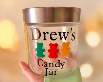 Personalized Candy Jar with Name, Custom Glass Sweets Container with Silver Lid