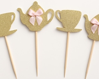 Decorazioni per cupcake per il Tea Party: stuzzicadenti glitterati per tazze e teiere - Set da 12