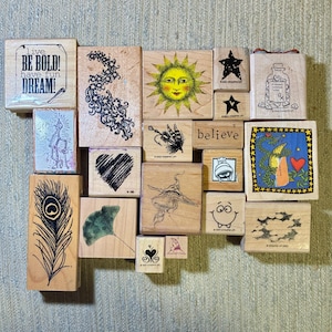 Vintage Wooden Rubber Stamp Lot – Mystical, Celestial & Whimsical Designs – 90s/2000s Craft Collection