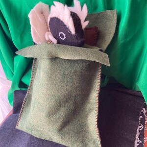 Könnte beinhalten: Ein handgefertigtes Skunk-Spielzeug aus Filz mit einem schwarz-weißen Kopf, weißen, stacheligen Haaren und einem kleinen, runden Auge. Der Skunk ist in einem grünen Filzbeutel mit braunen Nähten eingebettet.