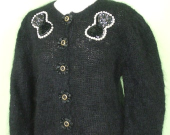 80s mohair cardigan /pearls / sequins / bows / ribbon/ black / size M-L / vintage