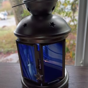 Small Stained Glass Lantern with Blue White Clear Baroque Glass, 10.25 x 4.75 inches