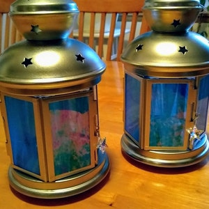 Light Blue Iridescent Stained Glass Lanterns, 10 1/4 x 4 1/2 inches