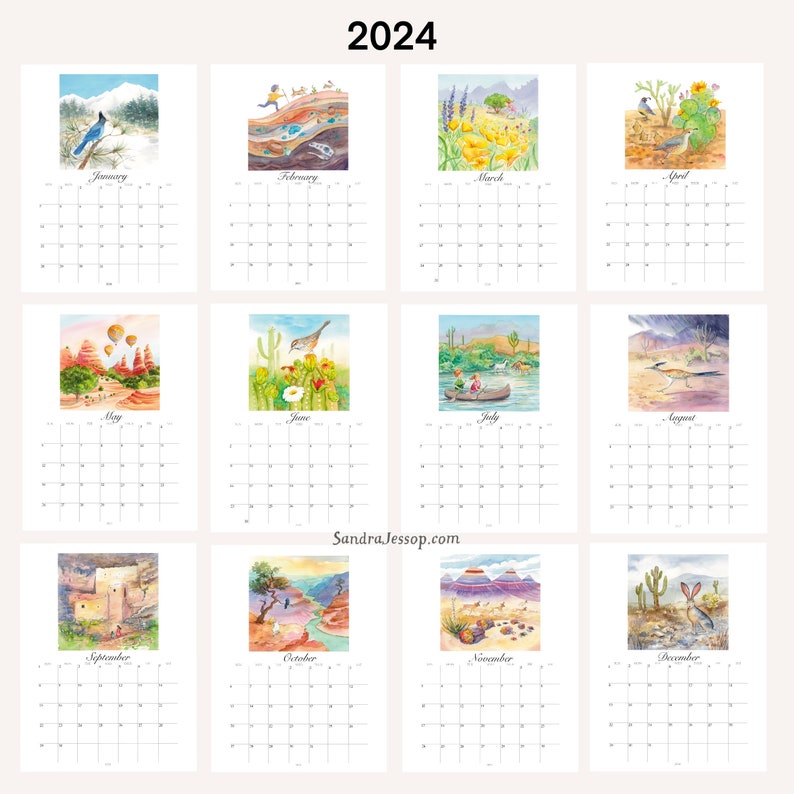 PRINTABLE Calendar 2024, Watercolor, Southwest, Digital Download