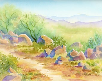 Colorful desert art, original watercolor, hiking Arizona,