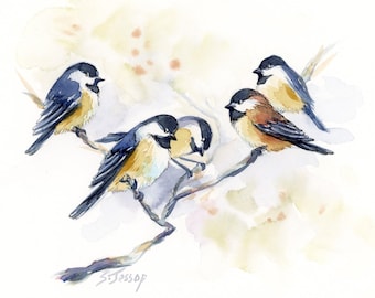 Chickadees original watercolor, small artwork