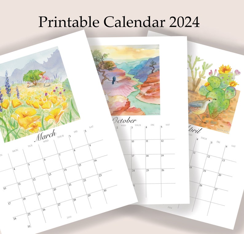 PRINTABLE Calendar 2024, Watercolor, Southwest, Digital Download