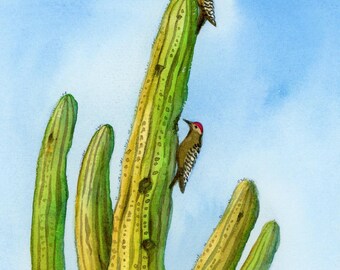 Original cactus watercolor with woodpeckers, small art